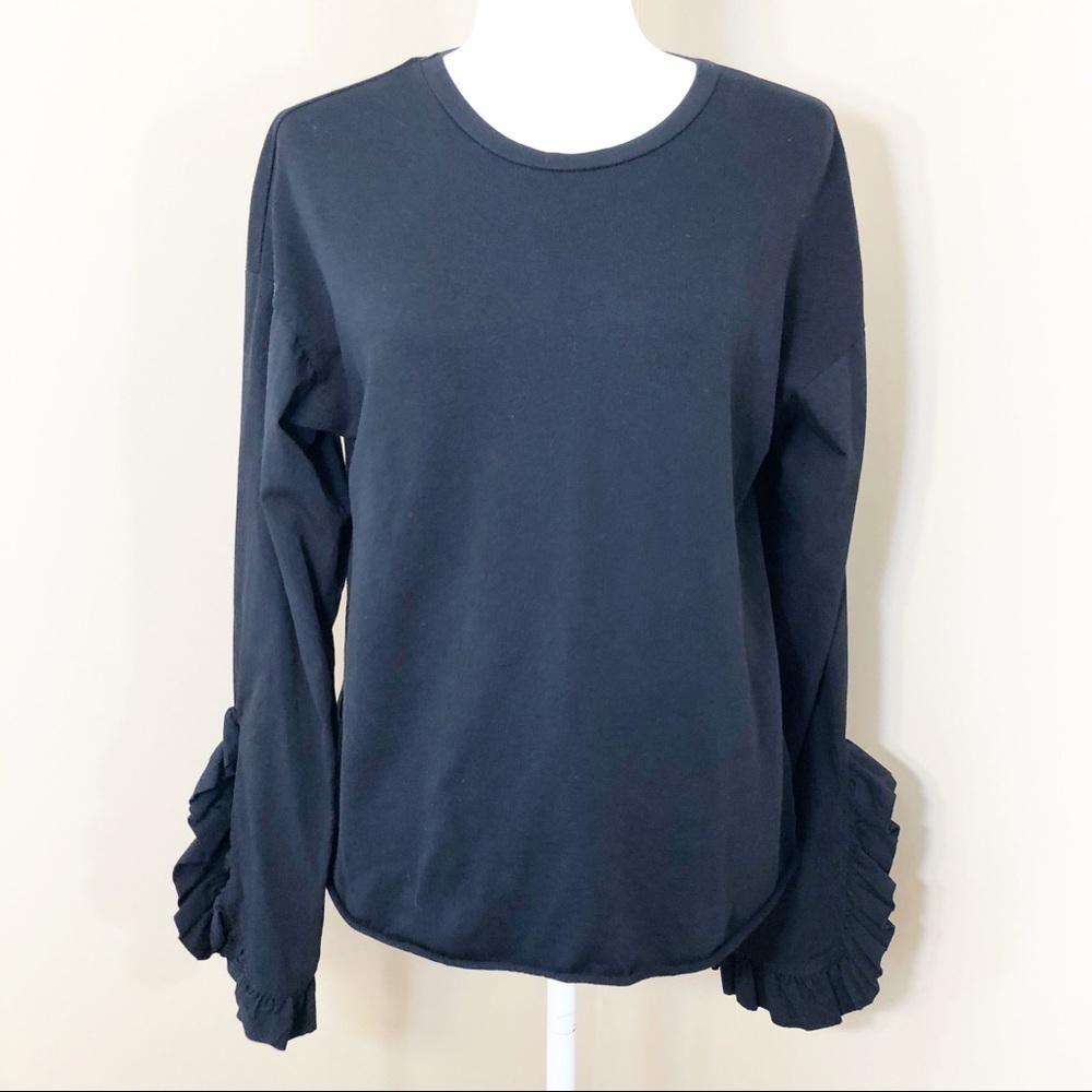 Zara Ruffle Cuff Long Sleeve Black Top - Small